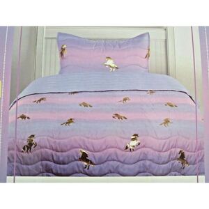 KIDS RULE UNICORN GOLD METALLIC PINK/PURPLE OMBRE REVERSIBLE TWIN QUILT SHAM SET